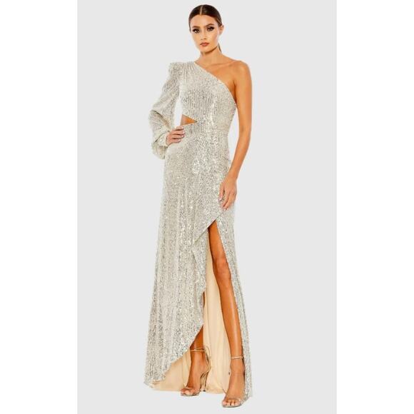 Ieena for Mac Duggal Silver Sequined One Shoulder Cut Out Gown NWT Sz 2 26730 - Picture 1 of 8